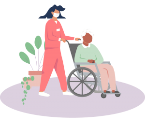 A carer attentively pushing an elderly lady in a wheelchair, ensuring her comfort and well-being.